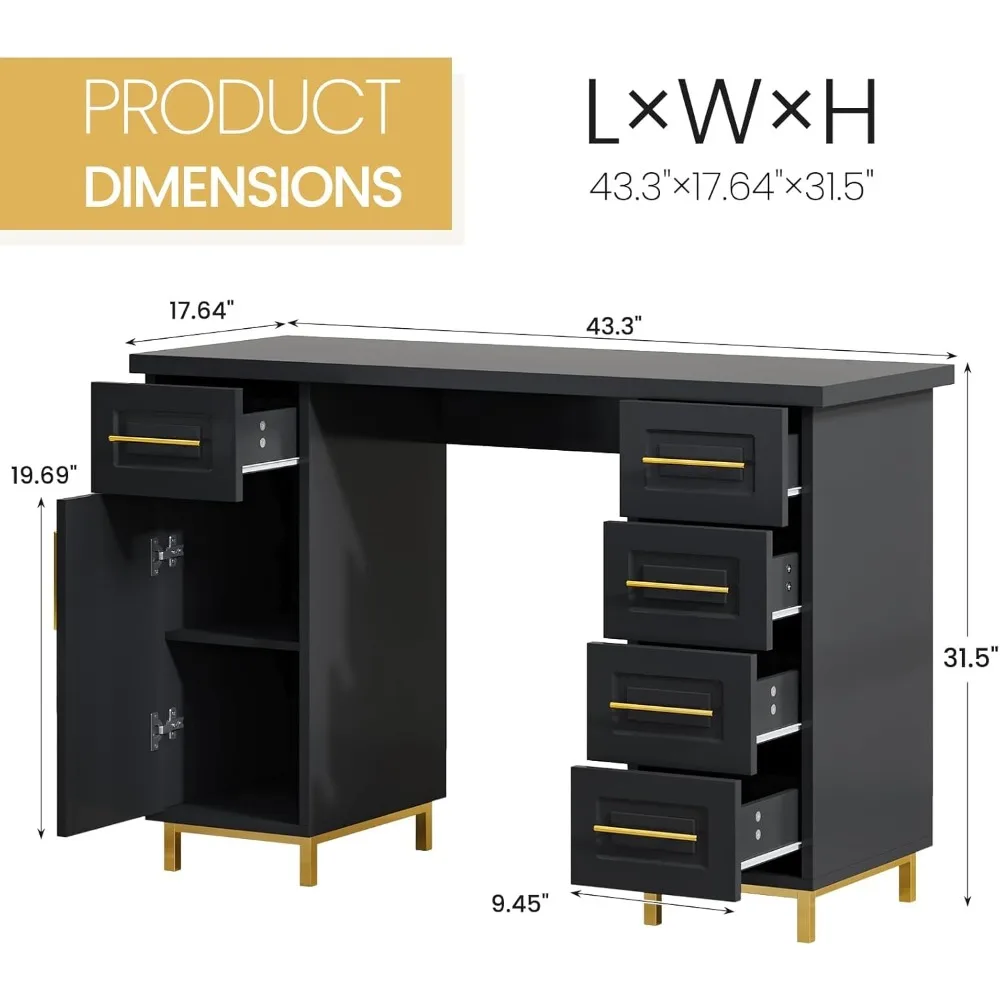 Black and Gold Nail Tech Desk with Drawers, 43 Inch Manicure Table with Storage for Nail Tech, Nail Makeup Beauty Salon Table wi