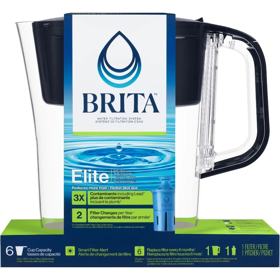 Brita Elite 6-Cup, Black Plastic Water Filtration Pitcher, Reduces Lead