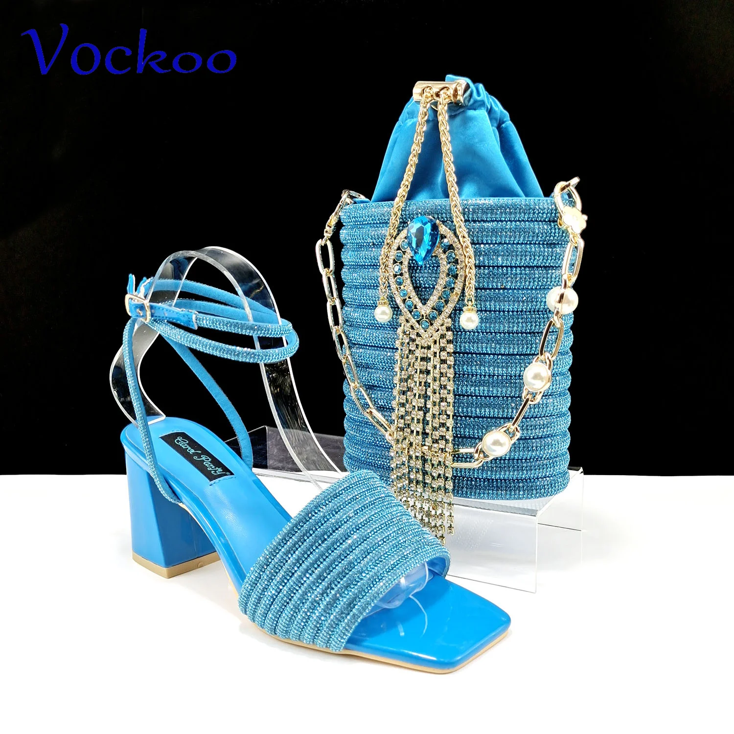 

2024 Square Toe Sky Blue Color Women Shoes Matching Bag Set Specials Design Nigerian Ladies Comfortable Heels for Party