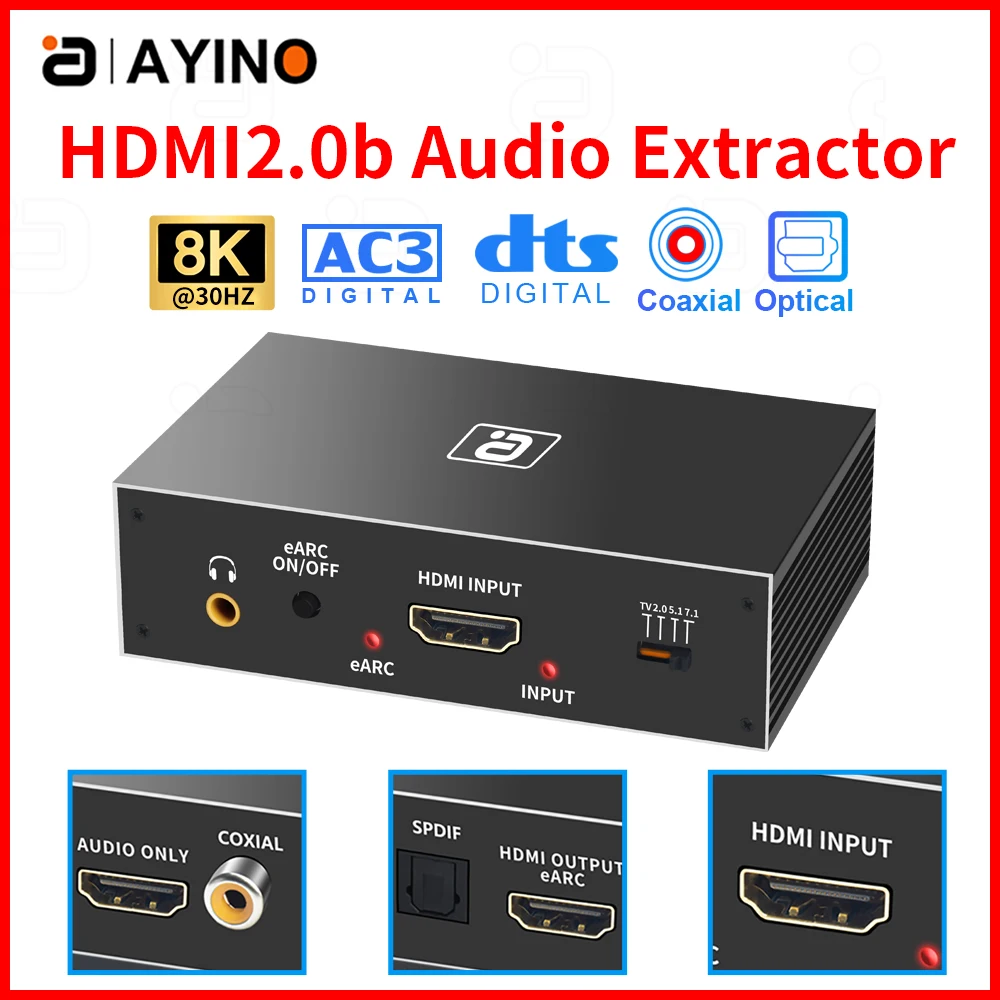 

8k HDMI2.0b Audio Extractor 4K60HZ eARC Splitter 7.1CH LPCM ATMOS AUX Coaxial Optical DAC toslink Decoding for TV Speaker