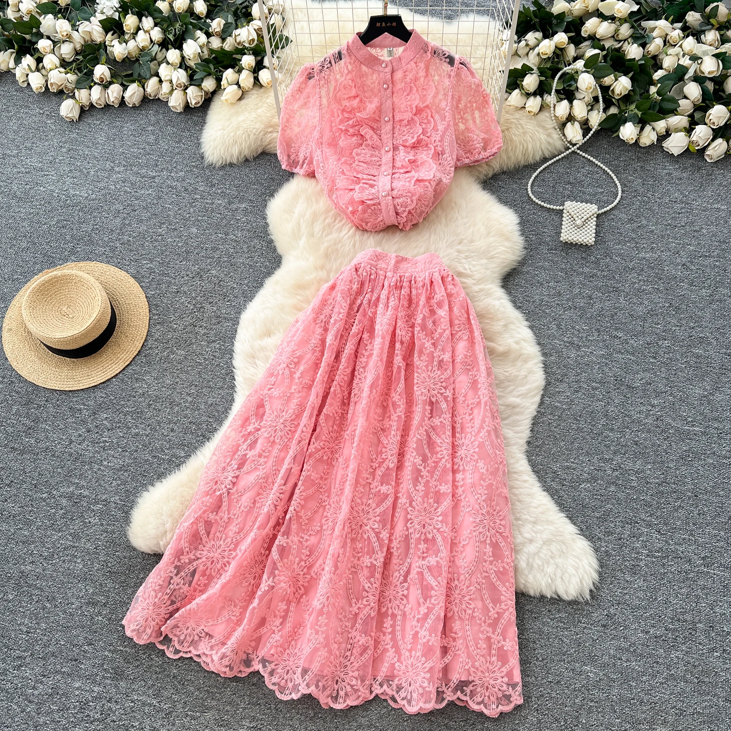 

French Style Women's Summer High-End Sense Lace Ruffle Edge Puffed Sleeve Embroidered Top+High Waist Flared Skirt 2 Piece Set