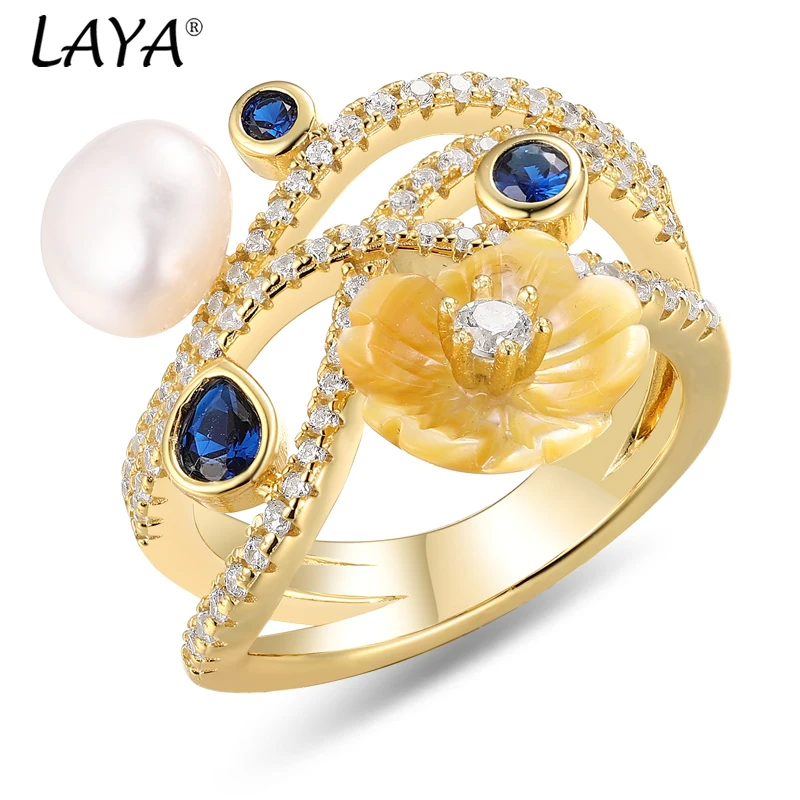 

LAYA Стерлингового Серебра 925, белые пресноводные бусины для хлеба, модные натуральные ракушки, цветок, новое кольцо с сапфиром и цирконом для свадебных украшений