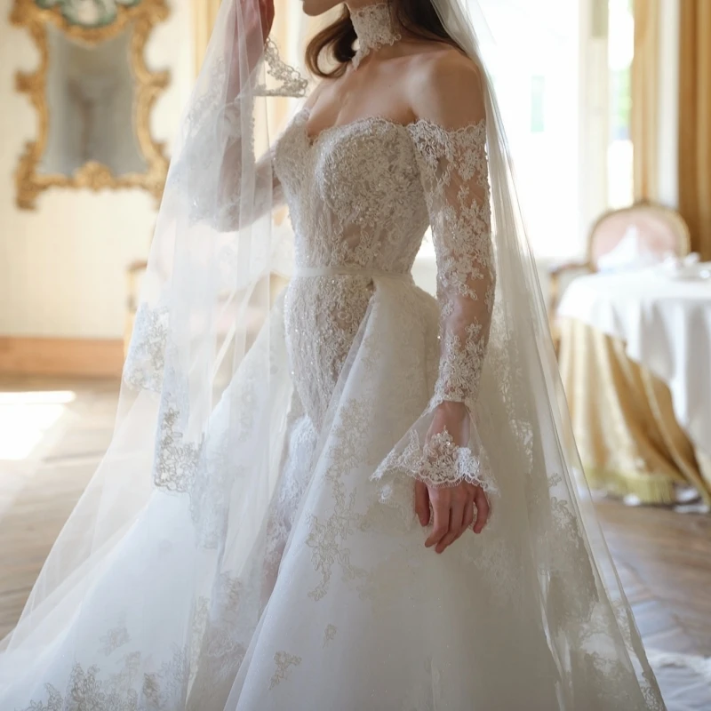 高級ホワイトドバイアラビア人魚ウェディングドレスアップリケレースビーズチュール長袖コートトレインウェディングドレスブライダルガウン