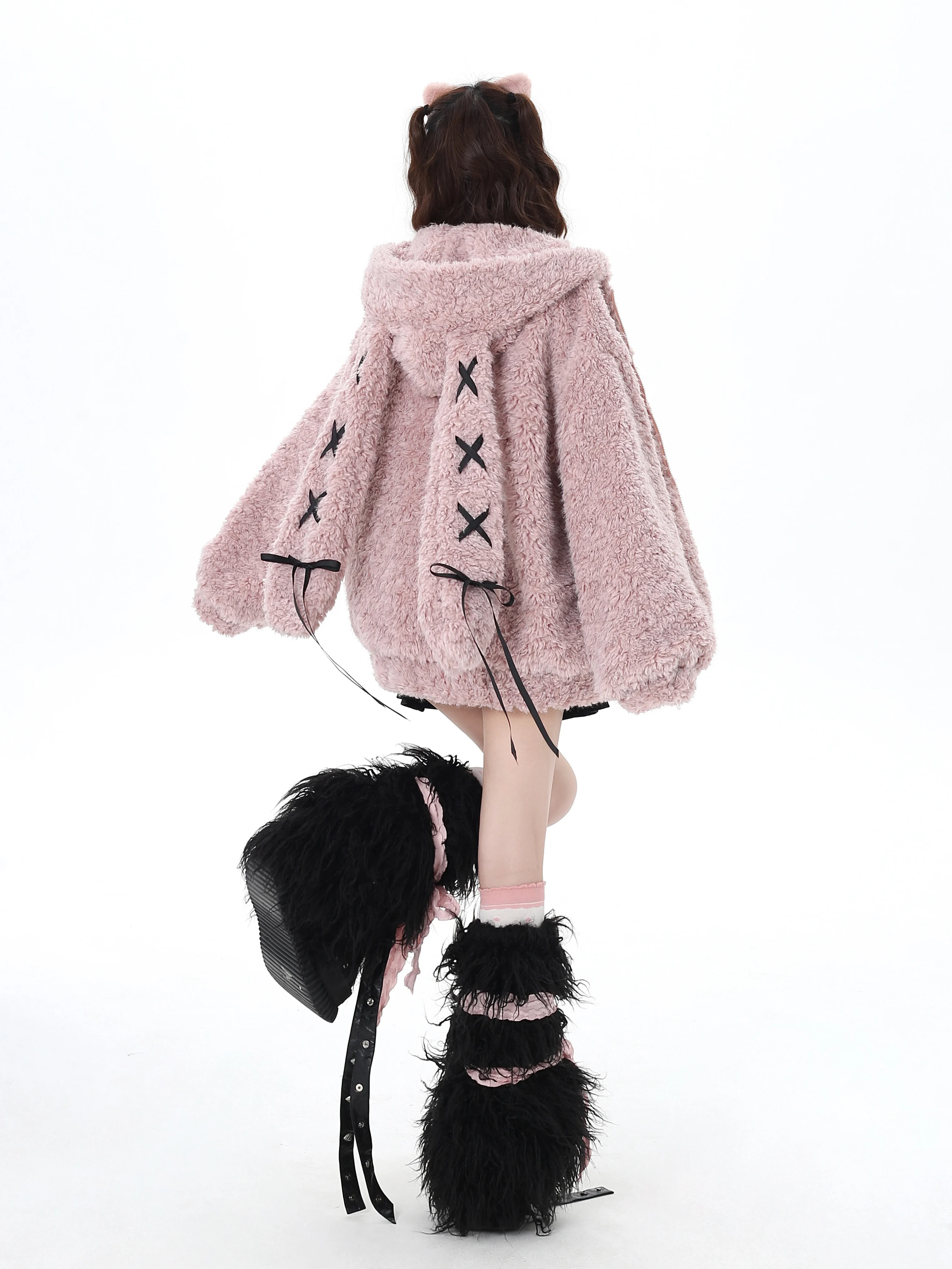 Dophee Original Sweet Girl Pink Berber Fleece Hooded Jacket Rabbit Ears Warm Outerwear Women Autumn Winter Zip Cardigans Coat