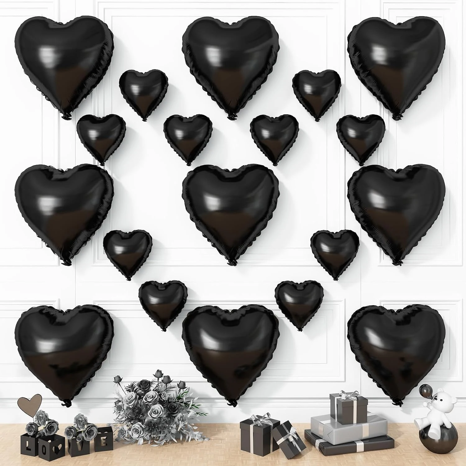 ‌ 19 Stück Schwarze Herzballons 18+10 Zoll Helium-Mylar-Folienballons für Geburtstag Hochzeit Valentinstag Halloween Babyparty Dekorationen