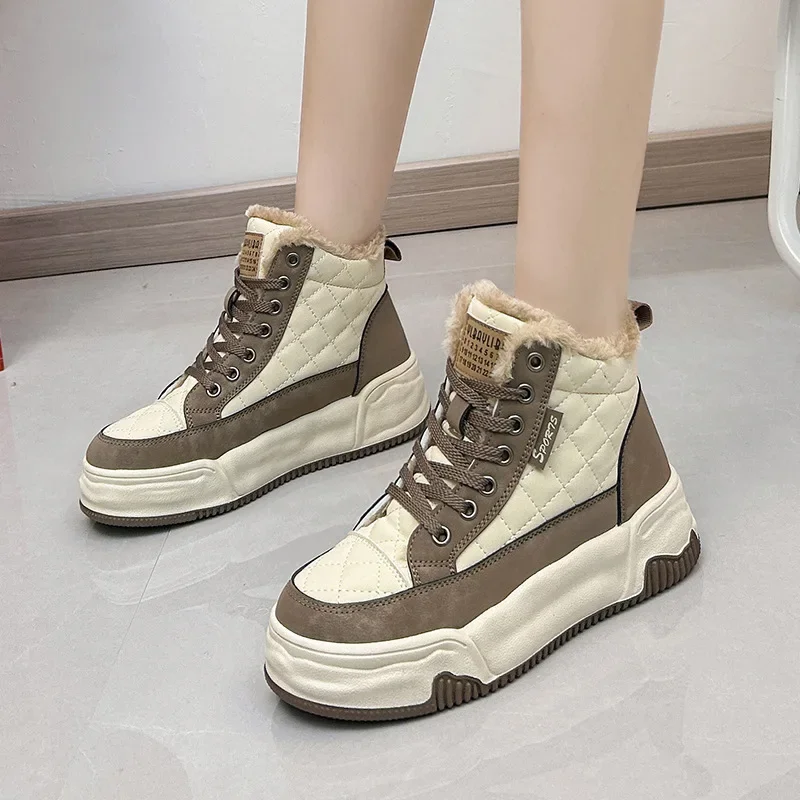 Women's Winter Sports Shoes with Fur Platform High Sneakers Woman Snow Boots Ladies Casual Sport Warm Skateboard Shoes Footwear