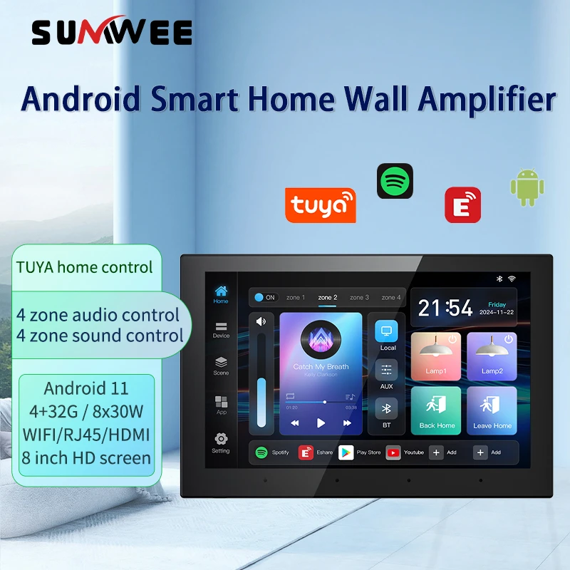 4 zone audio in wall amplifier tuya smart home control panel 8*30W RJ45 Android 11 system 8inch touch screen sound music player