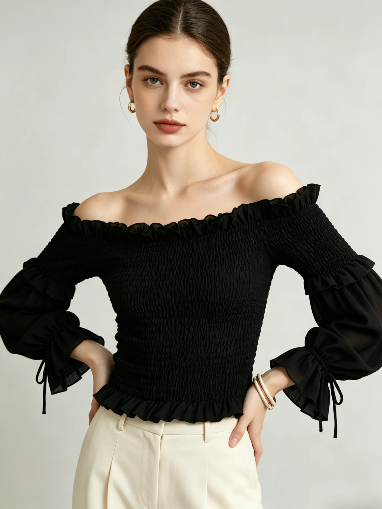 Summer Womens French Sexy Off Shoulder Blouse Puff Sleeve Pleated Lace Up Casual Shirt Women Slim Solid Corset Tops