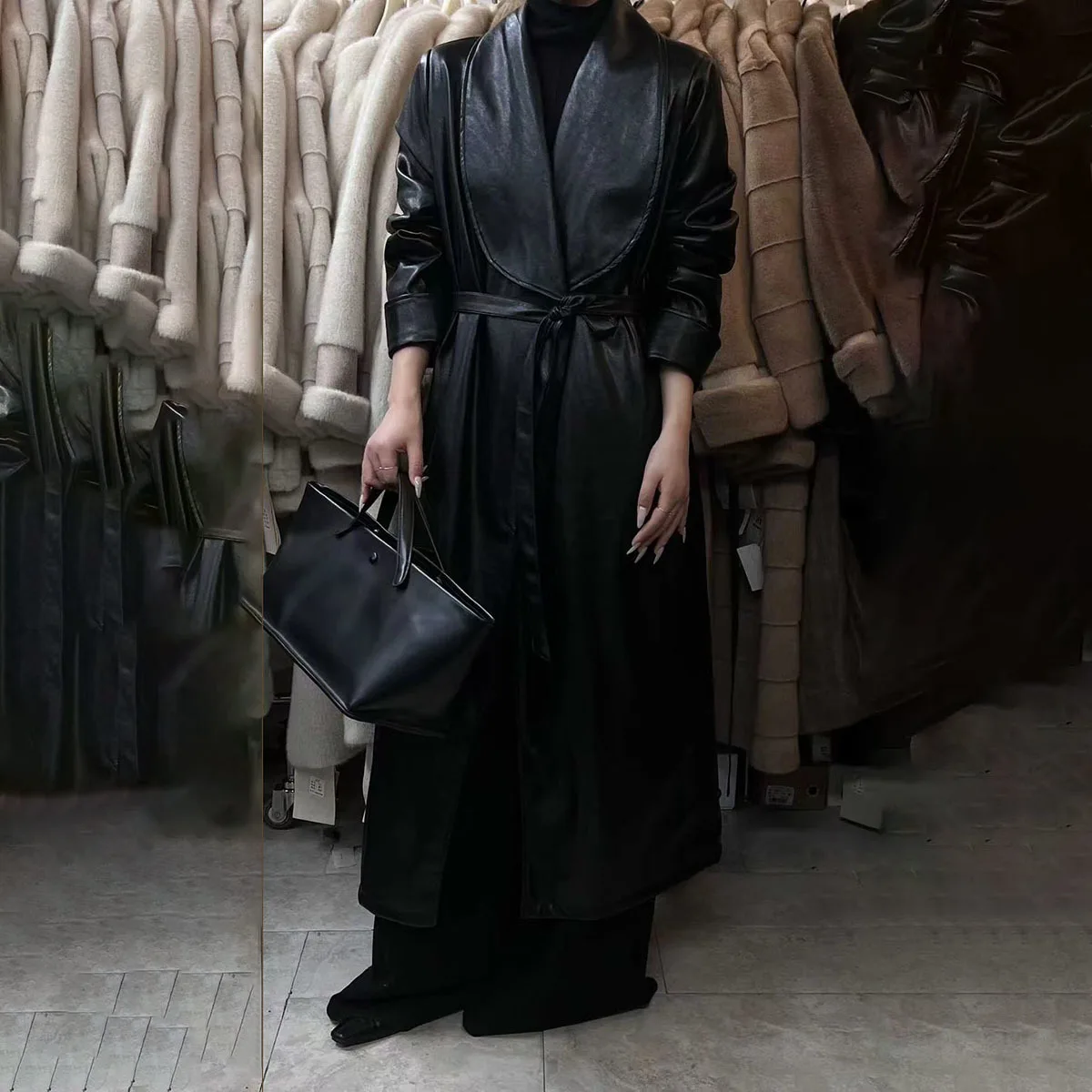 BJTZ, solapa con muescas, cinturón en la cintura, abrigo de cuero PU, gabardina gruesa de invierno para mujer, prendas de vestir exteriores elegantes y cálidas para otoño