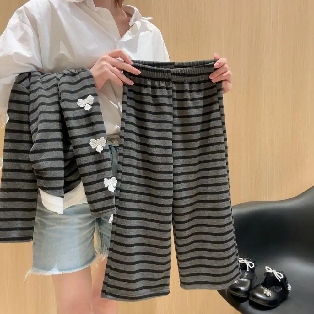 Girls Long Sleeve Suit Spring Autumn Kids Korean Style Hooded Jacket Striped Pants Two Piece Suit Student Casual Sportswear