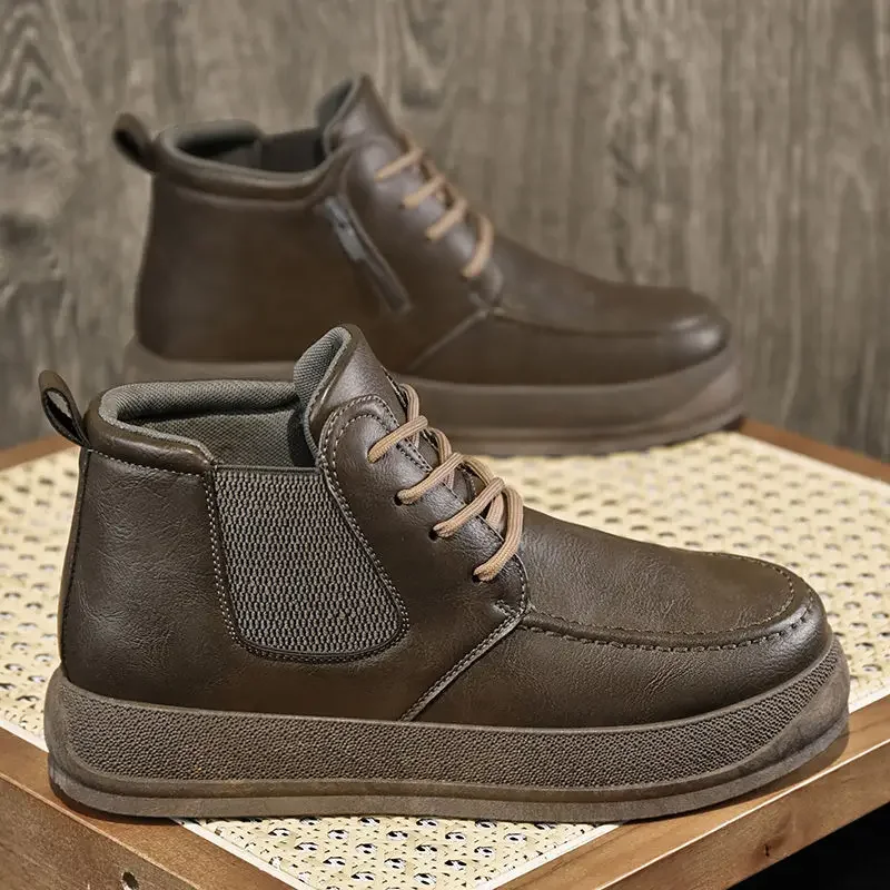 High Top New In Outdoor Men\'s Leather Shoes Size 45 On Sale Quality Fashion Pu Male Casual Boots Promotion Footwear Offer Adults
