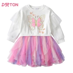 DXTON Autumn Sweater Girls Dress Tulle Ruffles Princess Dress Butterfly Sequin Patchwork Kids Dresses Children Thick Clothing