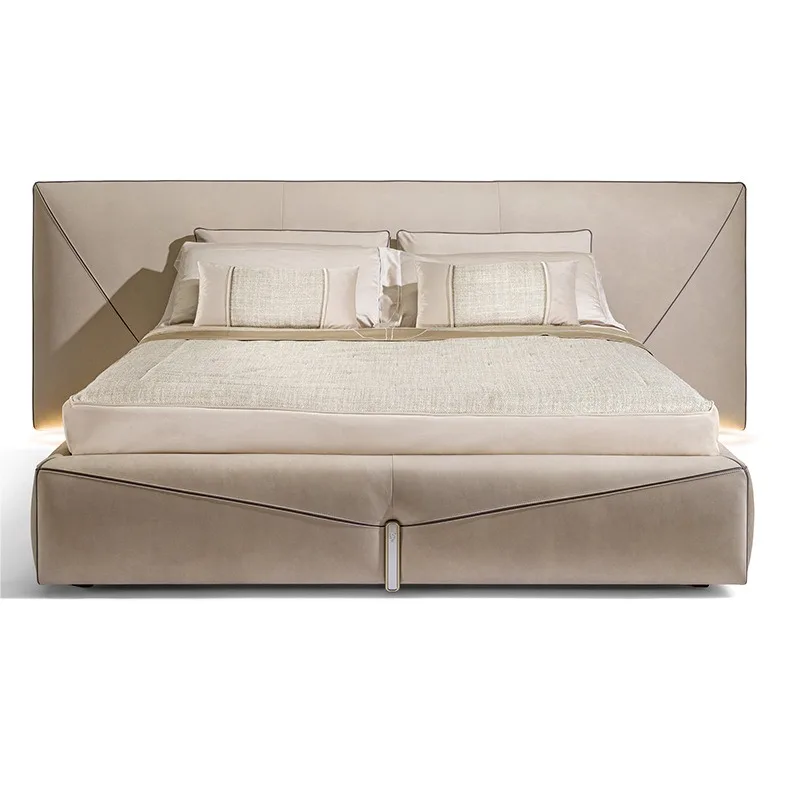 Italian light luxury envelope bed, villa large apartment widescreen master bedroom first layer leather
