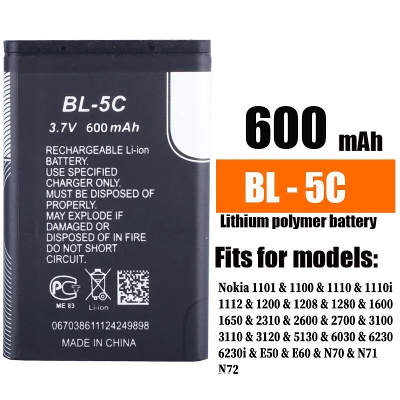 3.7V 800mAh Battery BL-5C BL5C BL 5C Rechargeable Batteries For Nokia 2112 2118 2255 2270 2280 2300 2600 2610 3125 3230 1pcs