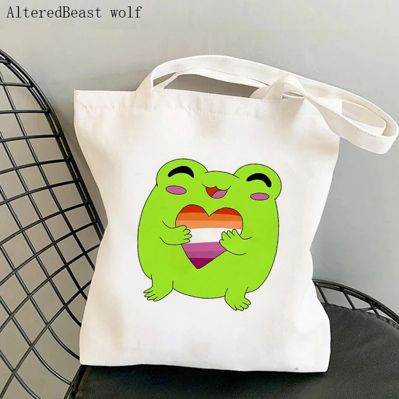 

Women Shopper bag Lesbian love frog Kawaii Bag Harajuku Shopping Canvas Shopper Bag girl handbag Tote Shoulder Lady Bag