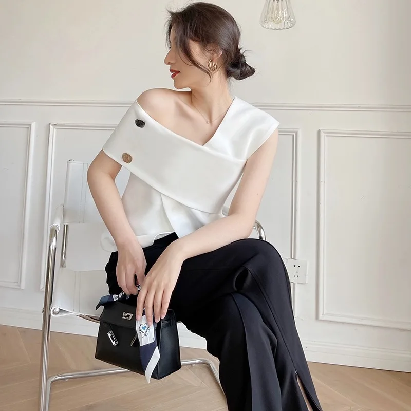 レディエレガントワンショルダートップスシャツ女性 OL オフィスボタンスプリットトップスフォーマル高級トレンディイン誕生日フェスティバルストリートウェア