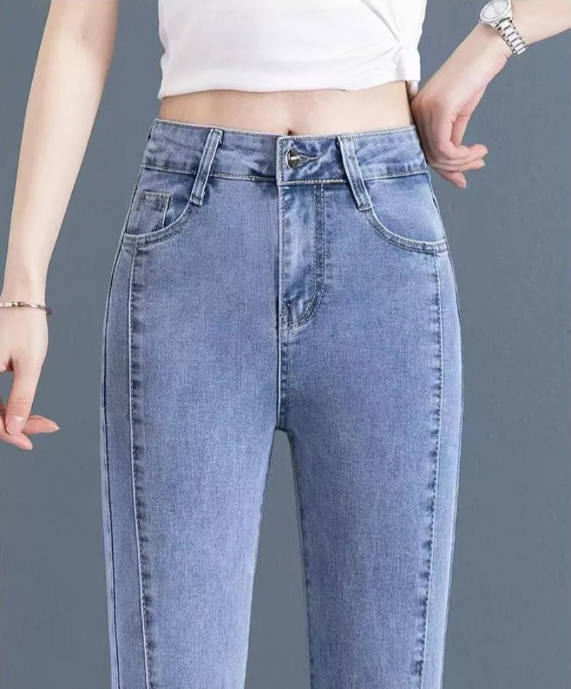 Women Light Blue Split Leg Pants Spring Autumn High Waist Split Button Pants Slim Casual Jeans New Fashion Denim Pant Trousers