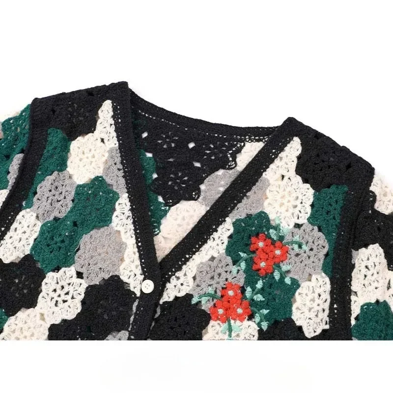 E-BAIHUI Bohemian Floral Women Crochet Cardigan Hollow Out Long Sleeve Open Front Sweater Ladies Trendy Knitted Slim V Neck Top view 5