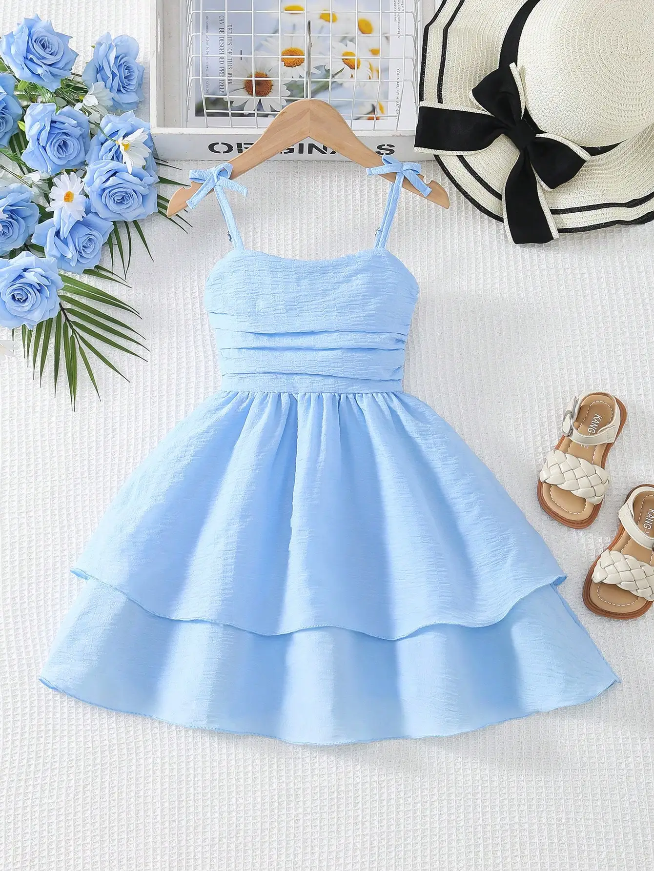 

Light Blue Tiered Hem Adjustable Strap Pleated Dress for Girls
