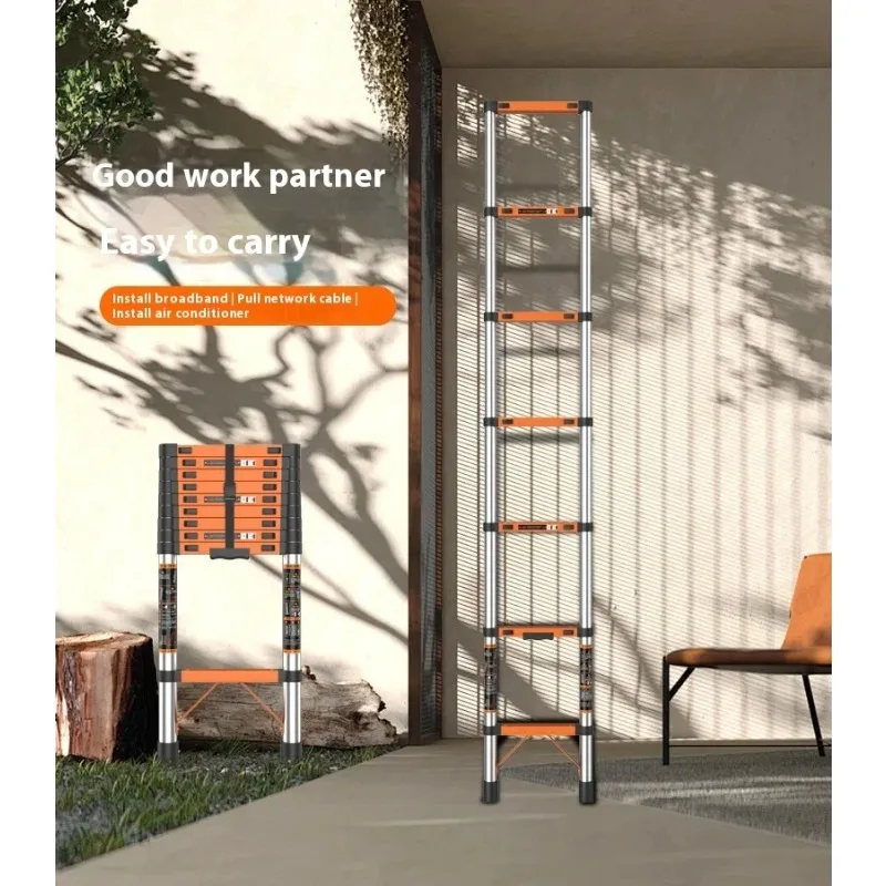 Stainless steel telescopic straight ladder, height 1.5-5.9m, engineering ladder, bamboo ladder, household maintenance ladder