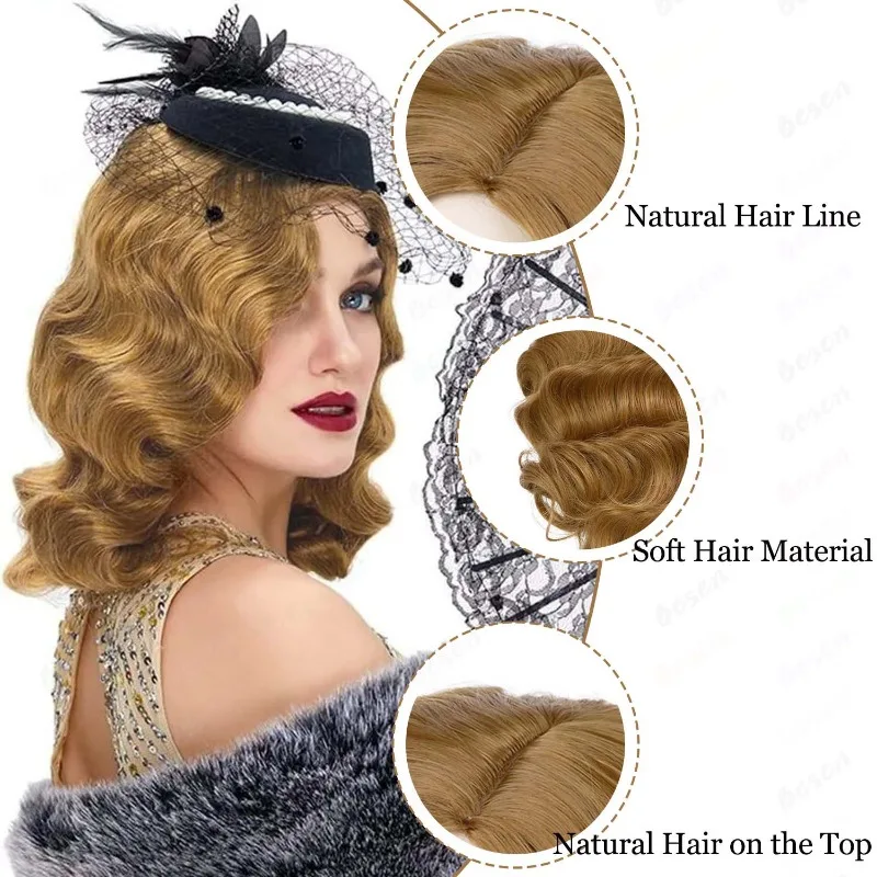 Peluca Flapper de los años 20 para mujer, peluca sintética de longitud media con ondas de dedo Retro, pelo rizado negro, dorado y marrón, accesorios para disfraz de fiesta de Halloween