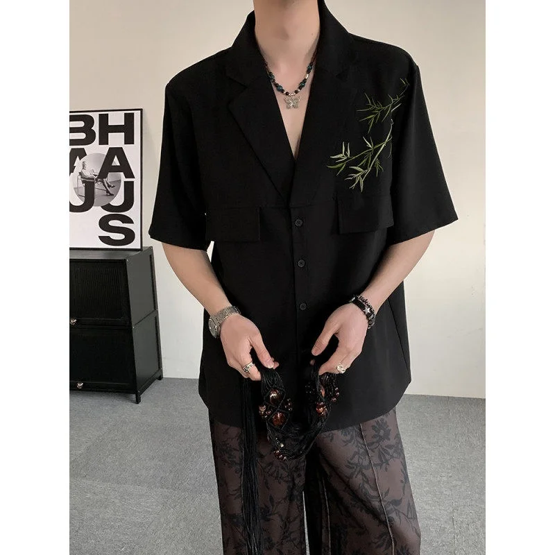 

Summer New Chinese Sle Men's ort Sve irt V-Ne Ice Silk False ket Bamboo Embroidery Casual Leisure Faion