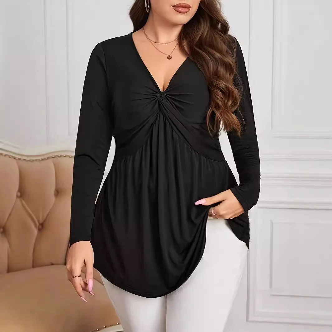 

Plus Size Long Sleeve V Neck Black Solid Shirt for Women Retro Design Oversized Shirts for Women Autumn Spring Winter