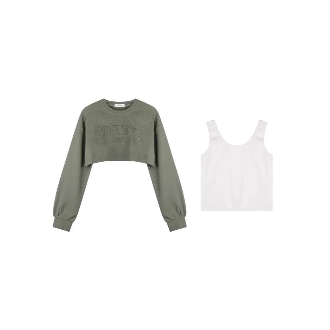 Women Korean College Style Cropped Long Sleeve Sweatshirt 2 Piece Set, Loose Fashion Layered Outfit Autumn Casual Suit