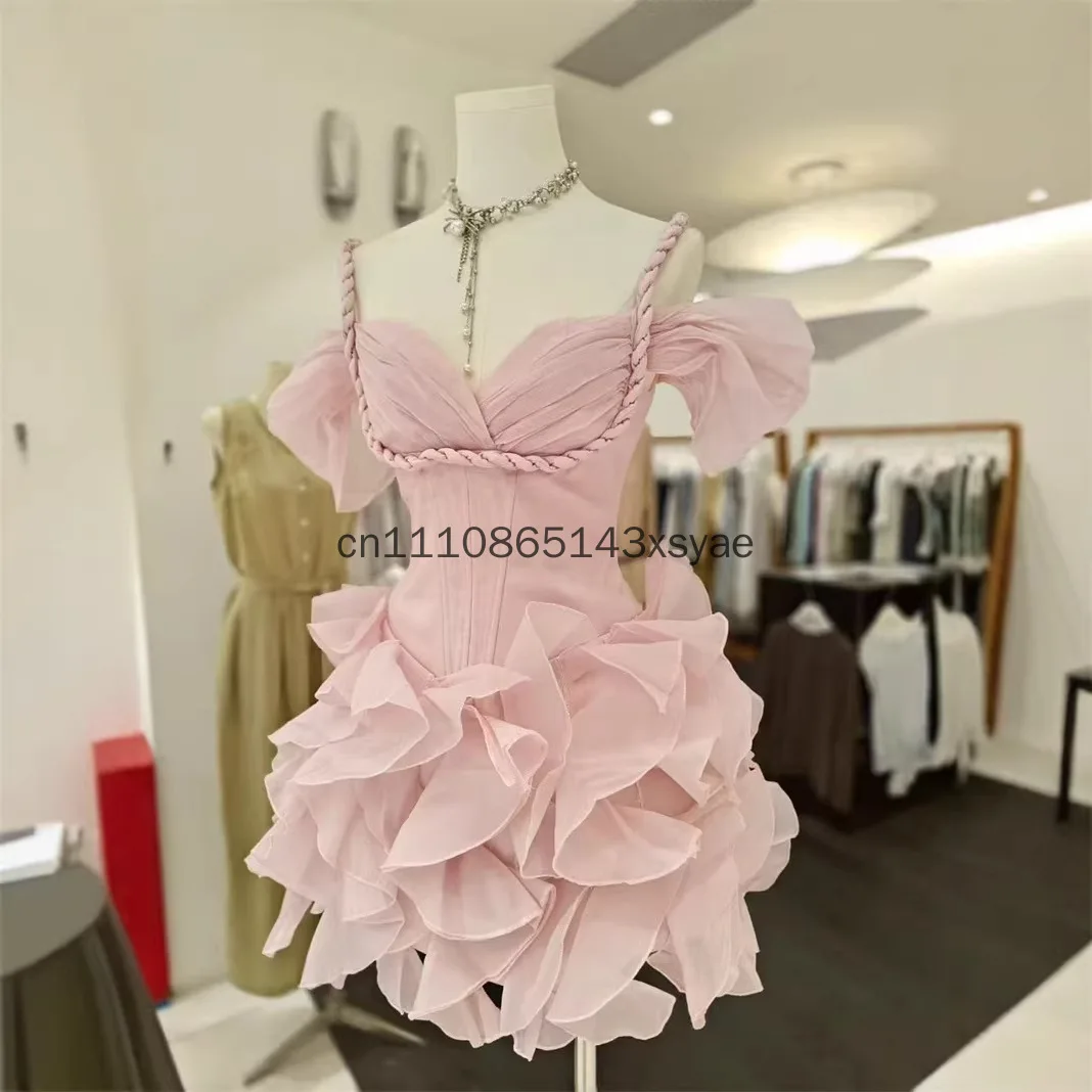 Summer Off-shoulder Yellow Pleats Dress Women Cinched Waist A-line Sleeveless Ball Gown Mini Dresses New