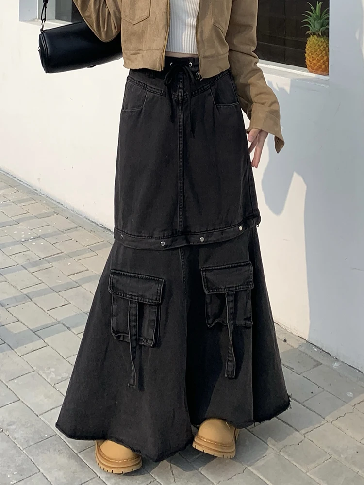 Vintage Detachable Hot Girls Women's High Waist Mid-Length Skirts A-Line Fashion Y2K Maxi Skirts Girls Cargo Skirts with Pocket