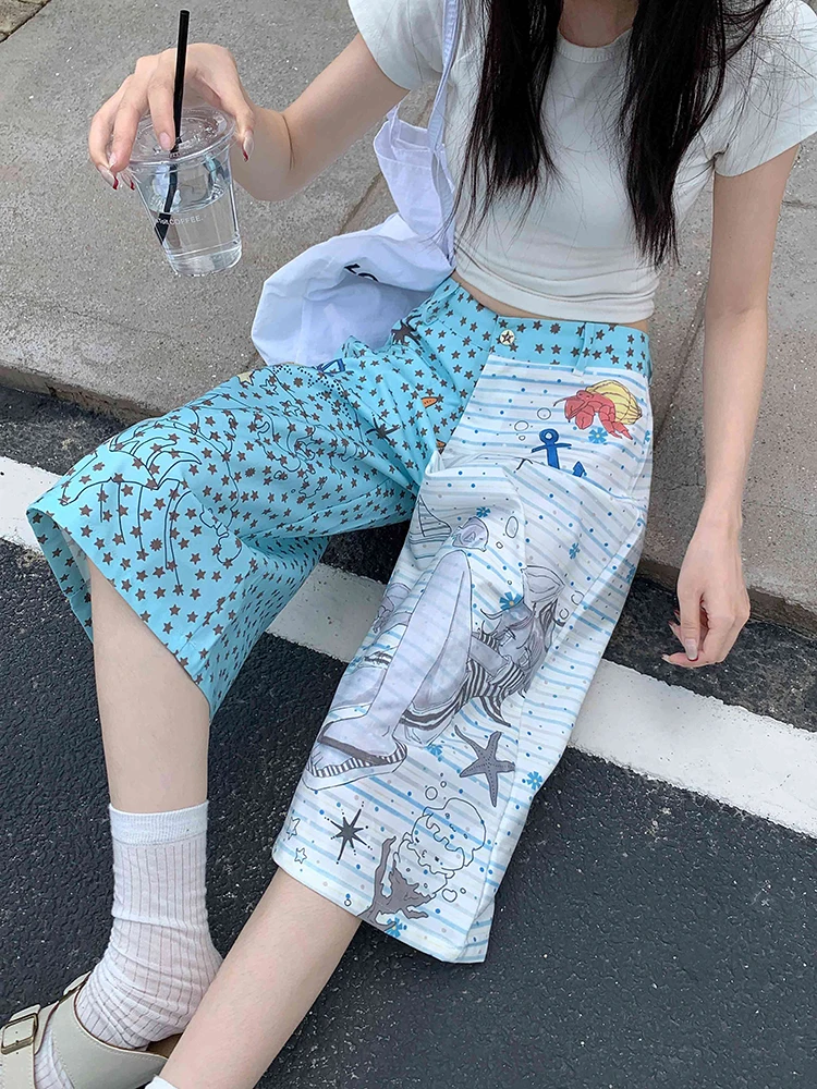 

American Street Style Large-sized Cartoon Full-print Color-blocking Casual Capri Pants For Women Loose Wide-leg Mid-length Pants