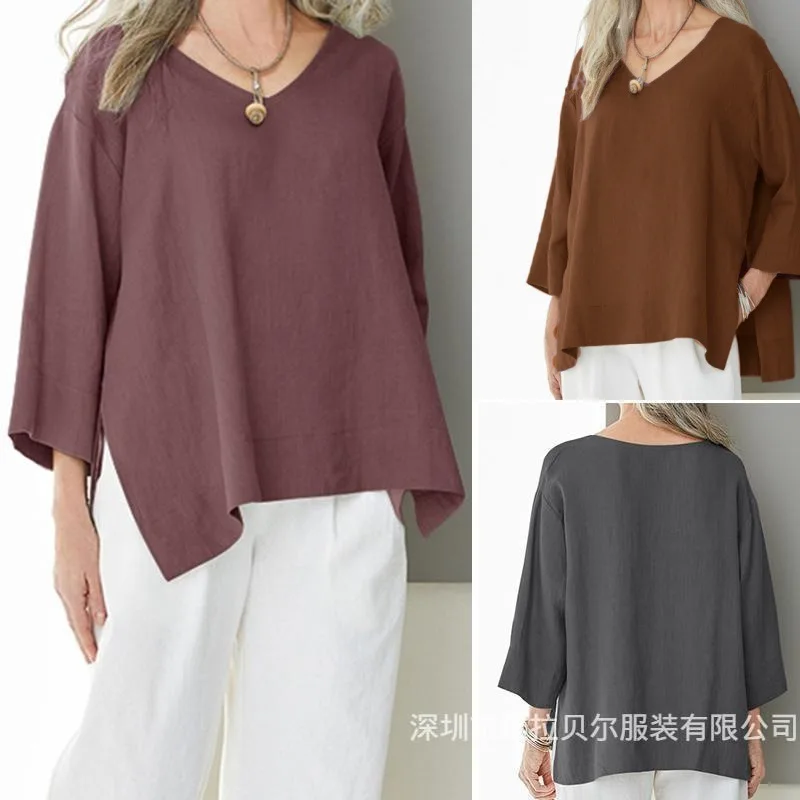 

Blouse Women's Casual T-shirt Spring/Summer New Cotton Hemp Top Side Split Loose Tshirt Damesblouse Grote Maten Blusa Para Mujer