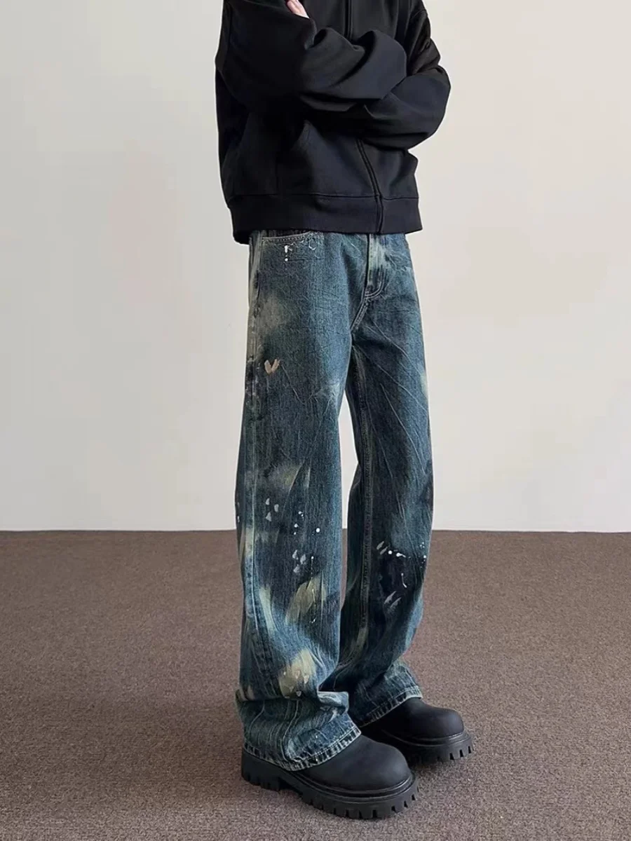 

Waed out Tie Dye Spray Painted Loose Straight Leg Jeans American High Street Vibe Men Women Casual Straight Cut Jeans