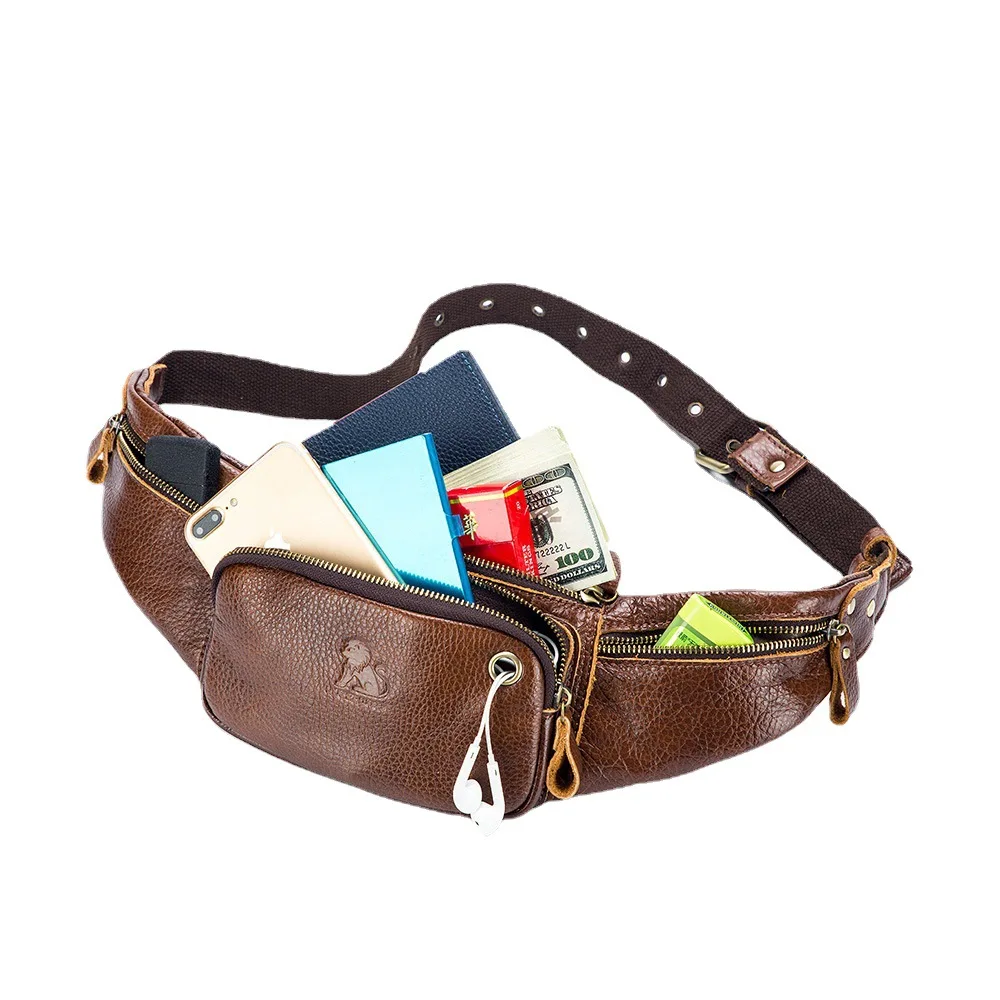 Fanny Packs de couro genuíno para homens, saco de cintura masculino, saco de couro, esporte, lazer, moda, marca de alta qualidade