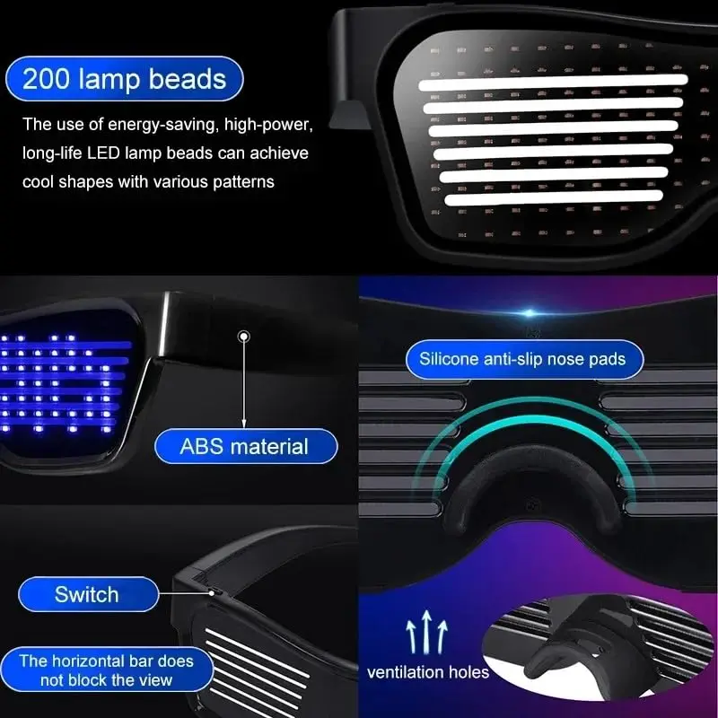 AUklOPVZZ Lunettes LED Bluetooth – Contrôle Par Appli – Multicolores – Accessoire Lumineux Pour Raves, Concerts Et Fêtes