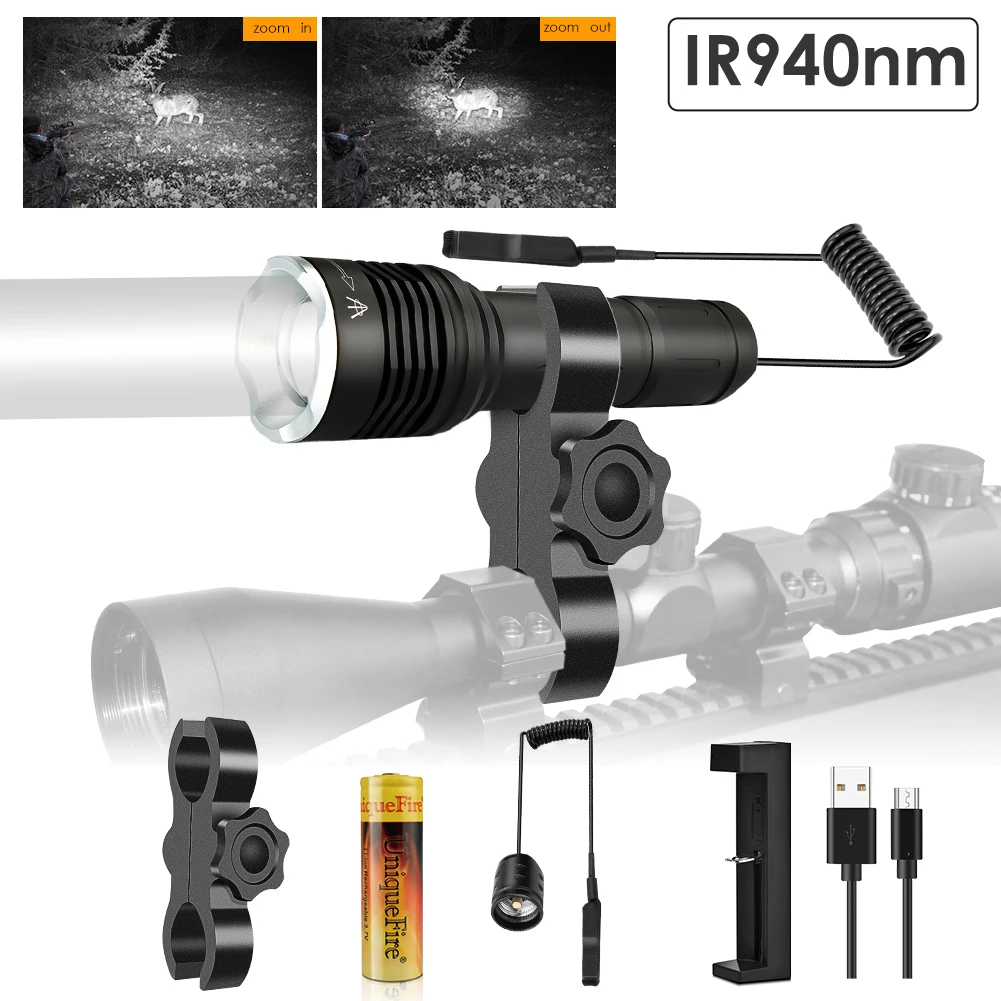 Uniquefire 1506 ir 940nm led lanterna conjunto completo de visão noturna luz infravermelha longa distância iluminação adjustabletorch caça