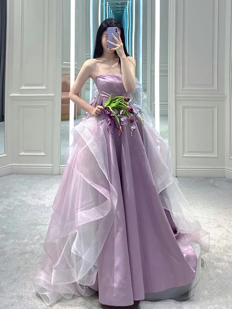 

Purple Evening Dress Female Host Art Exam Adult Formal Light Luxury Minority Satin New