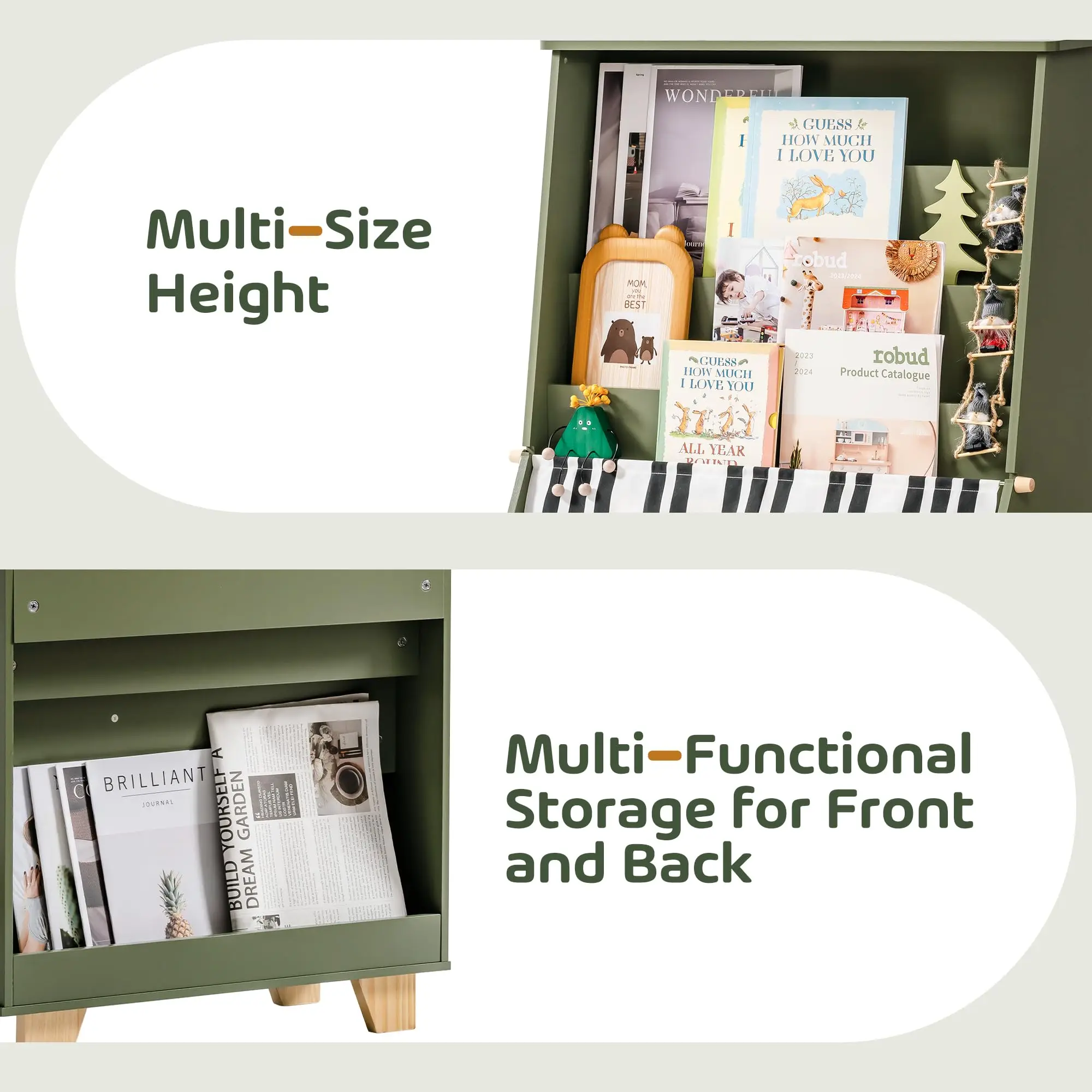 ROBOTIME Scaffale per bambini a 4 livelli Scaffale per bambini per aule Salle giochi Libreria per bambini in legno Stoccaggio anteriore e posteriore per bambini