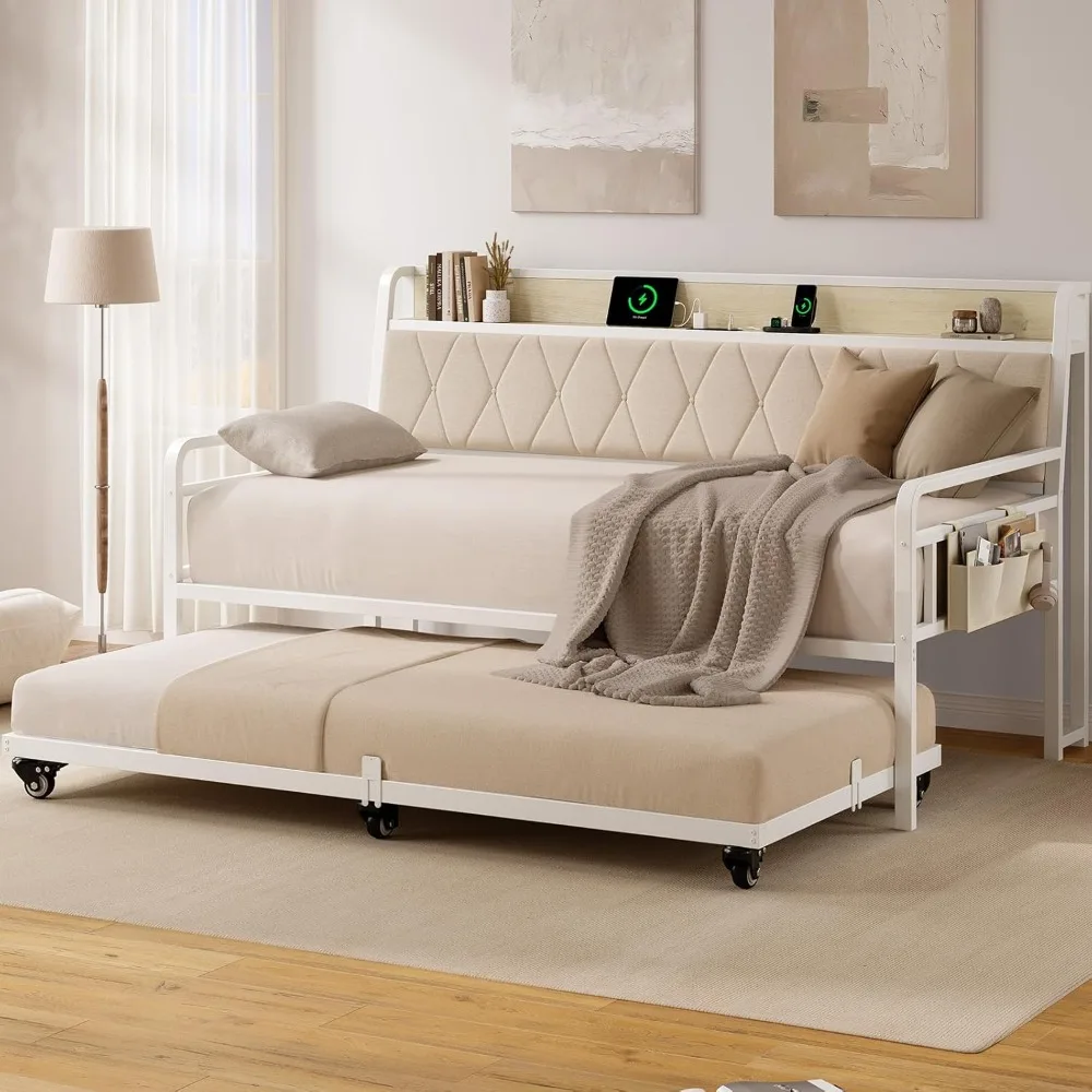 Twin Size Daybed with Trundle, Metal Frame Bed with Comfortable Padded Headboard and USB Charging Port