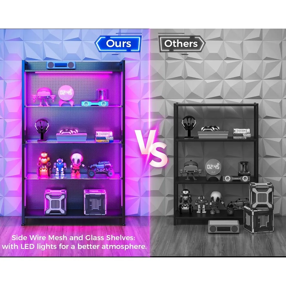 Armário de exibição MOTPK com luzes LED, vitrine com prateleiras de armazenamento de vidro, armário de curiosidades de 4 camadas para colecionáveis, display