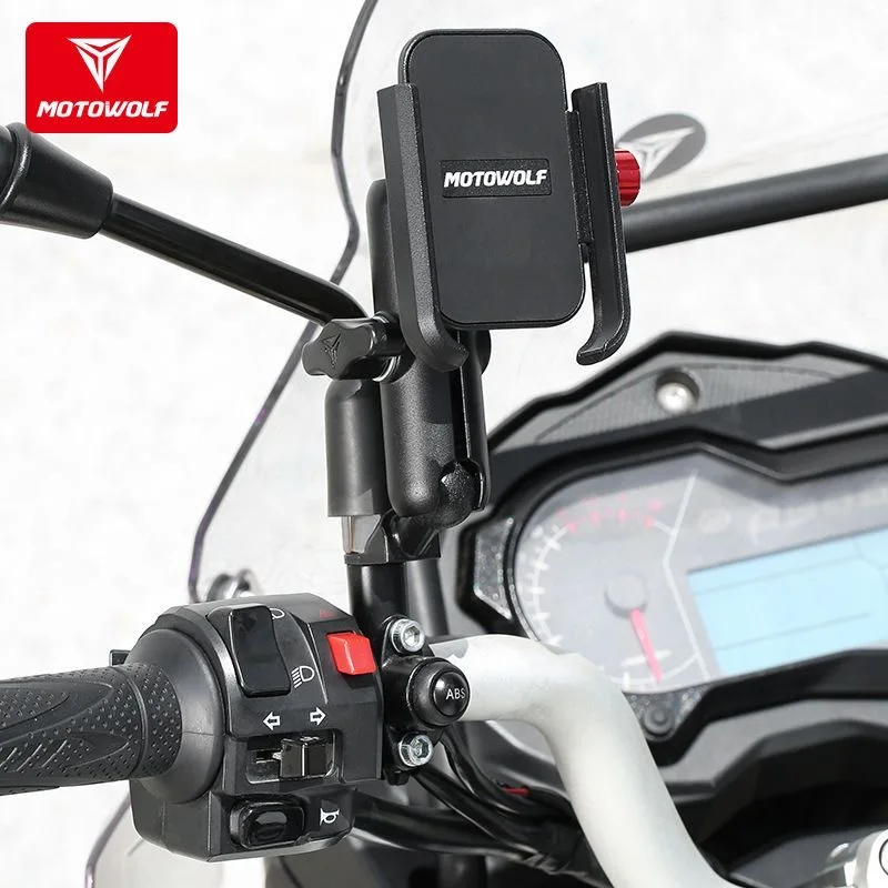 Motowolf Universal Motorcycle Handlebar Mirror Cell Phone Holder Charger Phone Stand GPS Mount Bracket With USB Charging