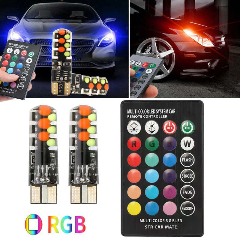 

T10 W5W RGB LED Bulb Strobe Remote Control COB Lamp Car Interior Dome Reading Light License Plate Light Tail Flashing Lights 12V