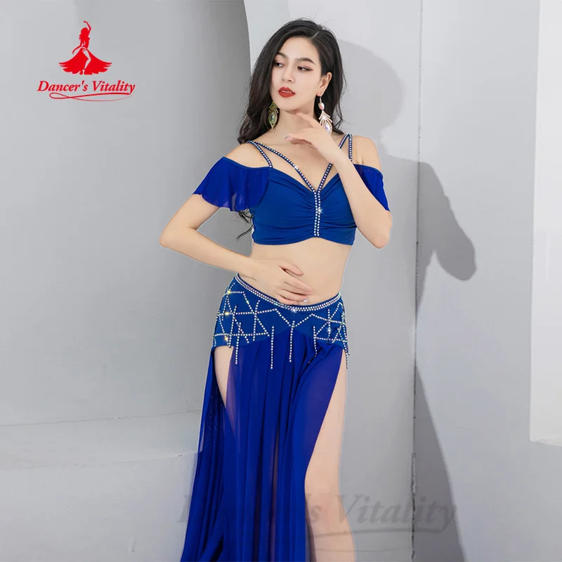 

Belly Dancing Practice Set Women Customized Luxury AB Stones Top+Sexy Split Long Skirt 2pcs Oriental Dance Performance Clothing