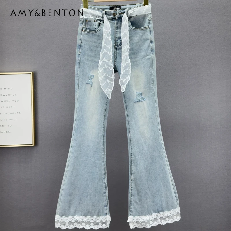 

Retro Design Lace Splicing Women's Jeans Summer 2026 New High-waisted Loose Slimming Thin Hollow Out Versatile Trousers Women