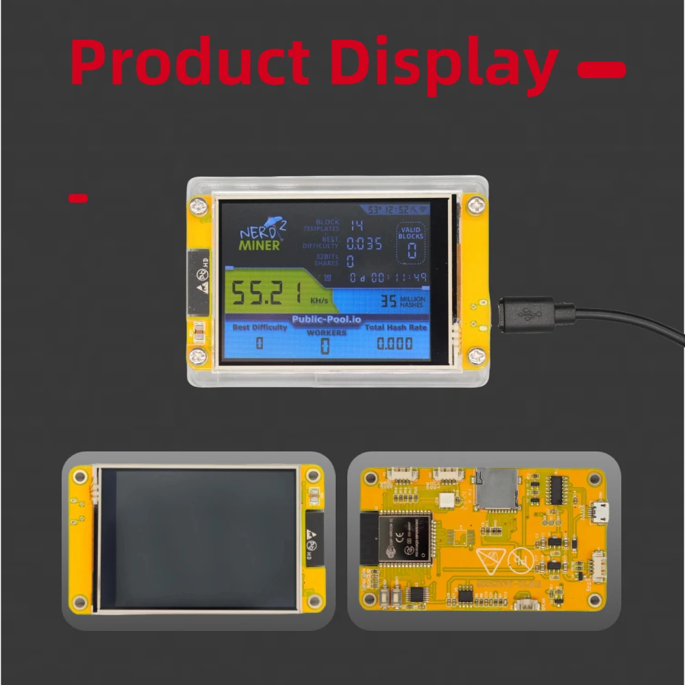 TISHRIC NerdMiner V2 55KH Lucky Miner ESP32 2.8 بوصة شاشة ذكية تشفير منفرد اليانصيب بيتكوين ESP32-2432S028R آلة التعدين