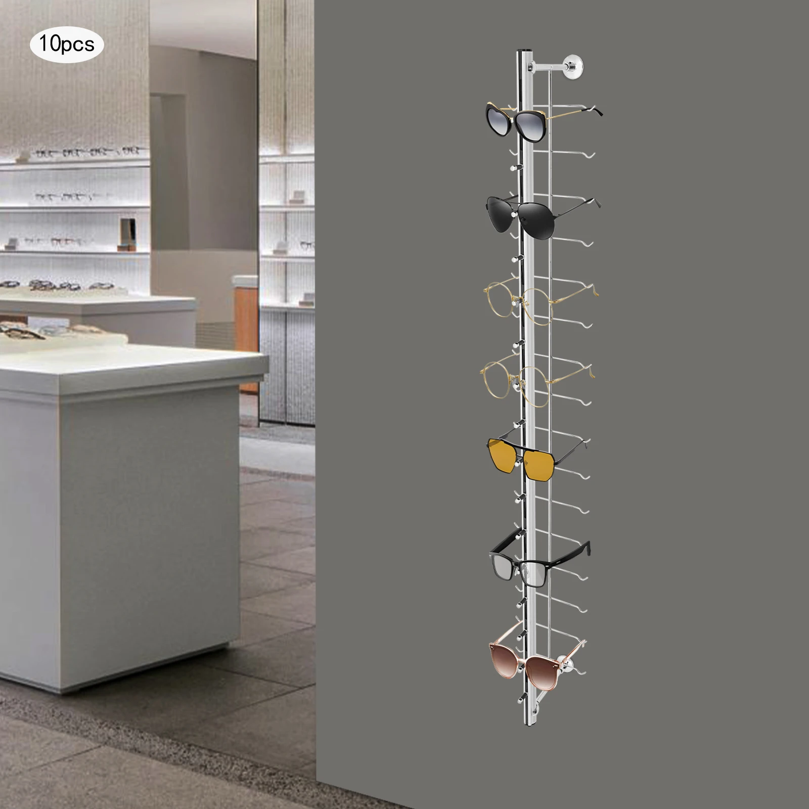 Wall-Mounted Eyeglasses Display Stand  16 Holders, 10 Shelves, Aluminum Alloy & Iron, Silver Finish  for Optical Stores, Home