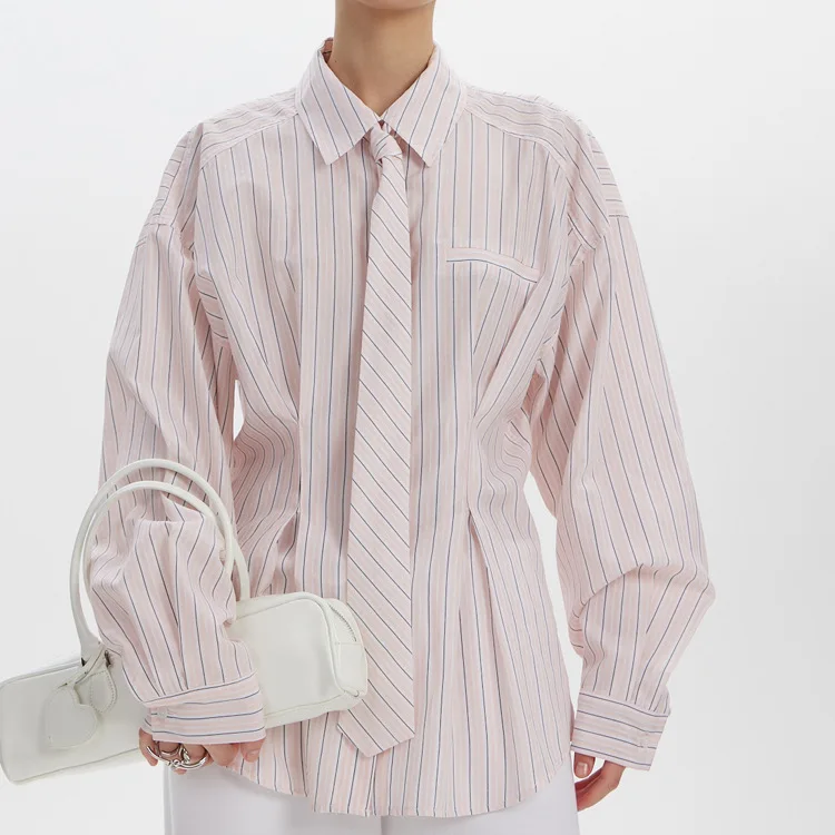 

Temperament commuter printed striped shirt women's foreign trade 2025 new lapel long-sleeved tie design waist shirt