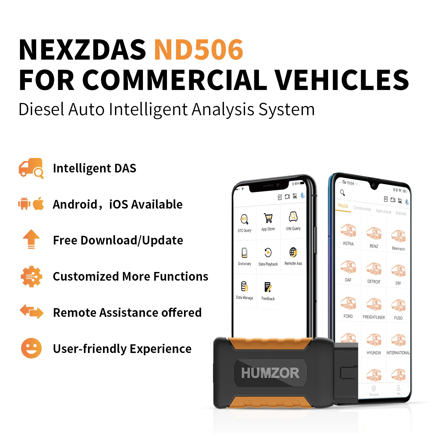 HUMZOR-ND506 OBD2 Full System Scanner Commercial Diese Vehicle Fault Detection and Diagnosis Equipment Multi-language