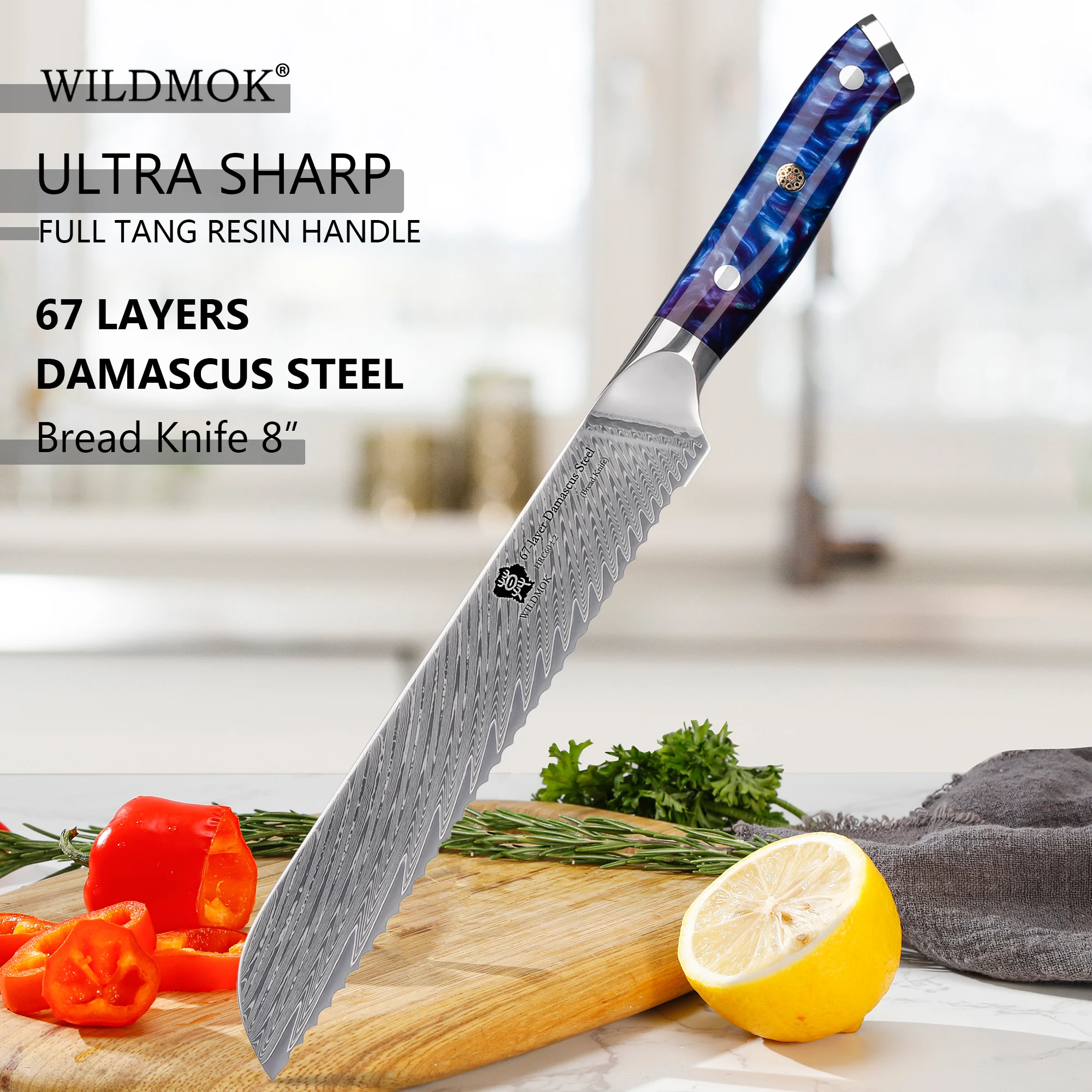WILDMOK Professional 8 Inch Bread Knife VG10 Damascus Steel Resin Handle Ergonomic Serrated Kitchen Knife for Baking Use