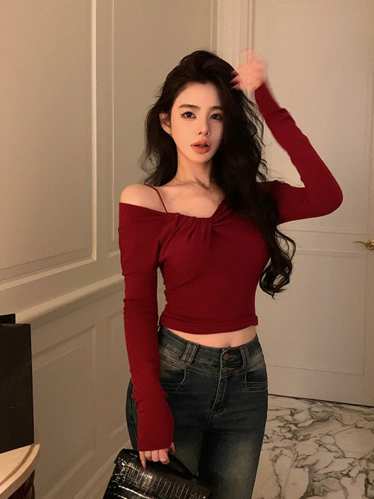 Autumn Red Elegant Slim Blouse Office Lady Basic Design Korean Fashion T Shirt Woman Long Sleeve Bodycon Casual Clothing